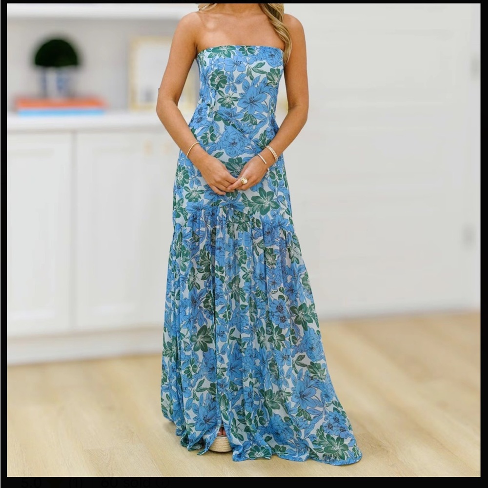 Elegant Strapless Floral Dress - Blue and Green